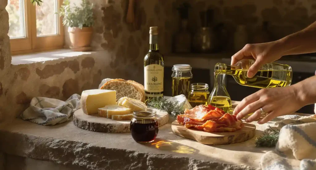 Frühstückstisch im Agriturismus in der Maremma mit lokalen Produkten und Händen, die servieren