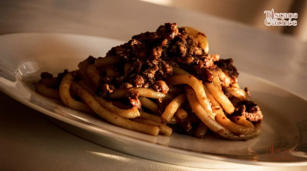 Pici al ragù di cinghiale, plat typique de la Maremme toscane, pâtes artisanales et sauce gibier.