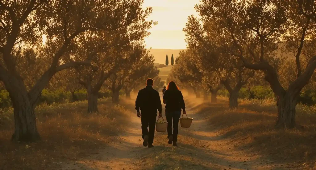 Eigentümer, der zwischen den Olivenbäumen in der Maremma führt, Silhouette in der Dämmerung