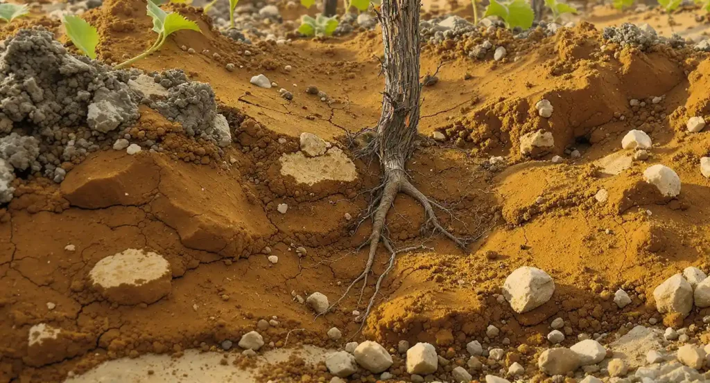 Primer plano de la marga y la arcilla de un viñedo de Scansano, texturas minerales visibles