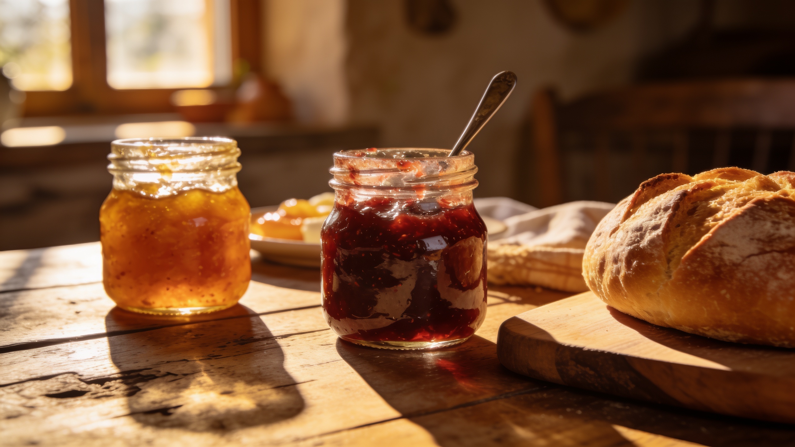 Toskanischer Landhaustisch zum Frühstück mit hausgemachten Marmeladen und frischem Brot, Morgenlicht