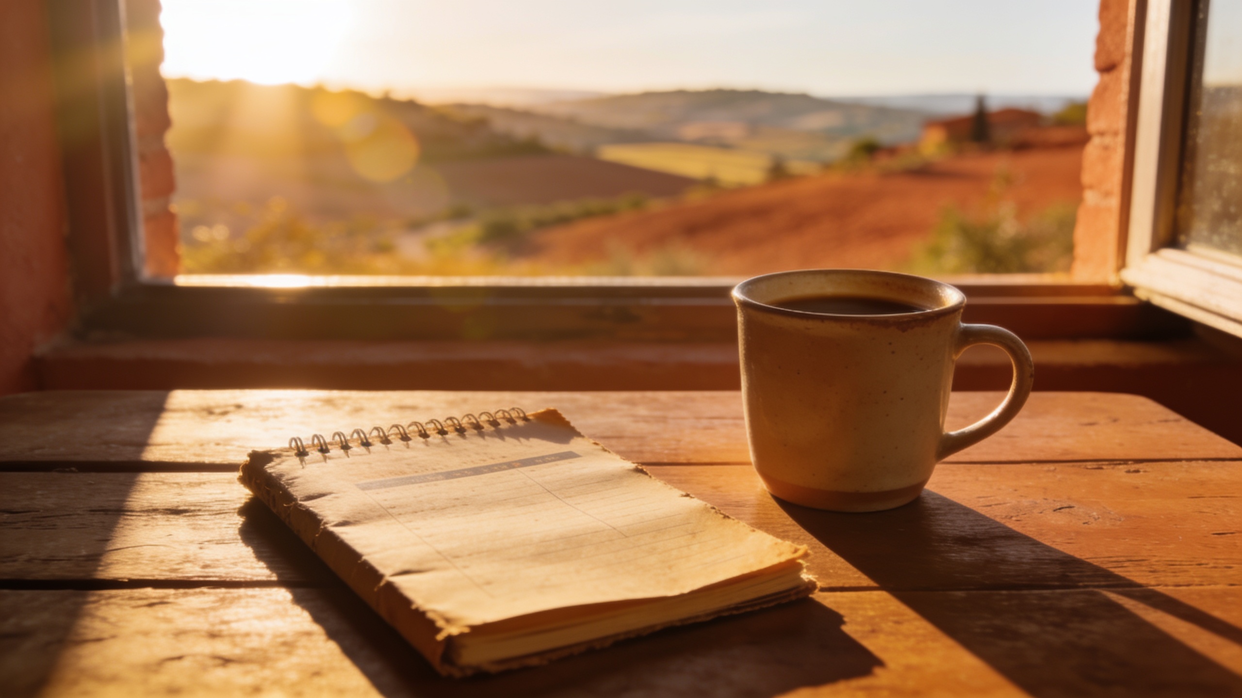Papierkalender und Kaffeetasse auf Holztisch, sonnenbeschienener Blick auf die toskanische Landschaft durch das Fenster