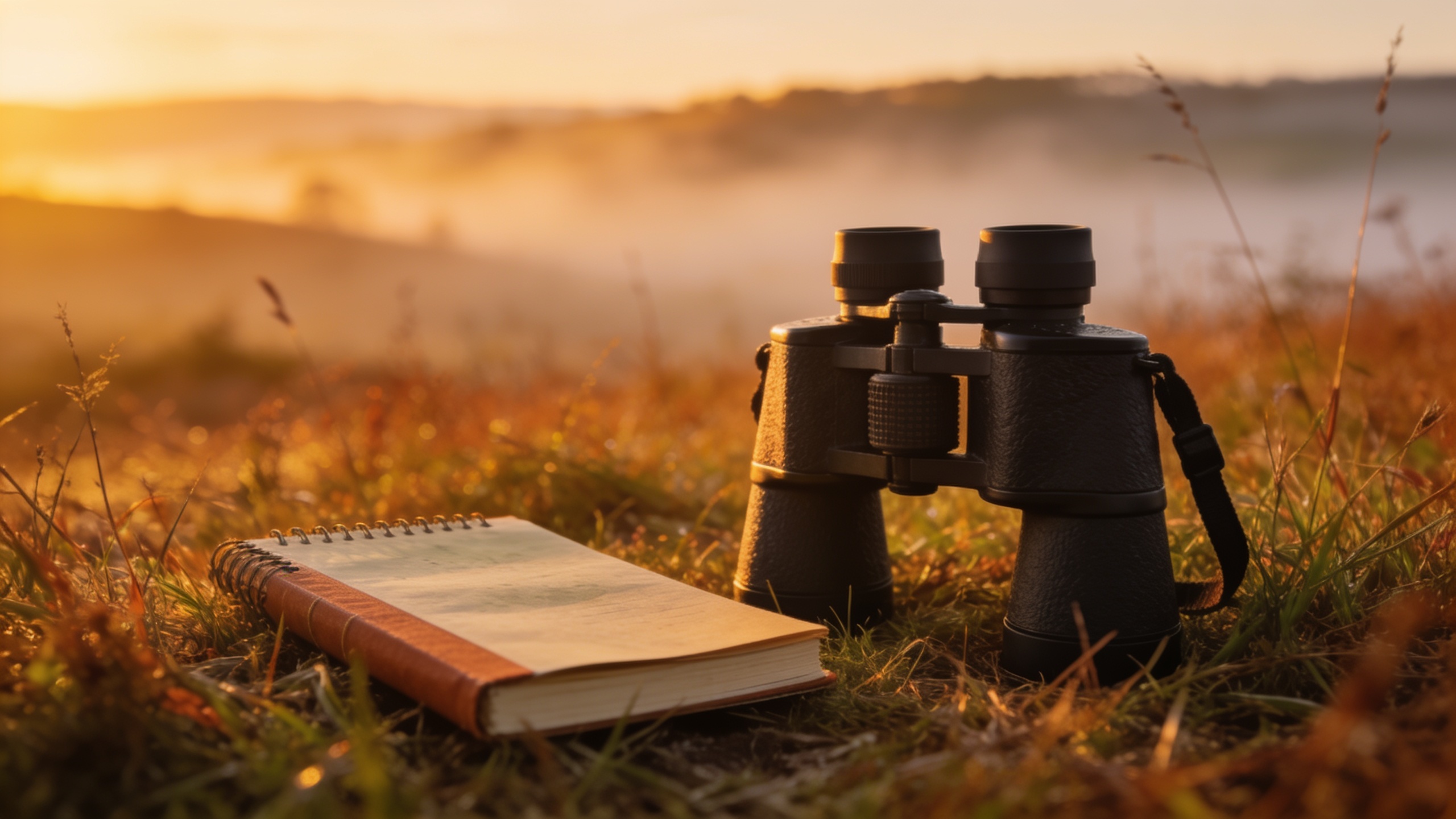Binoculars and field notebook laid on wild grass at dawn, misty countryside backlit