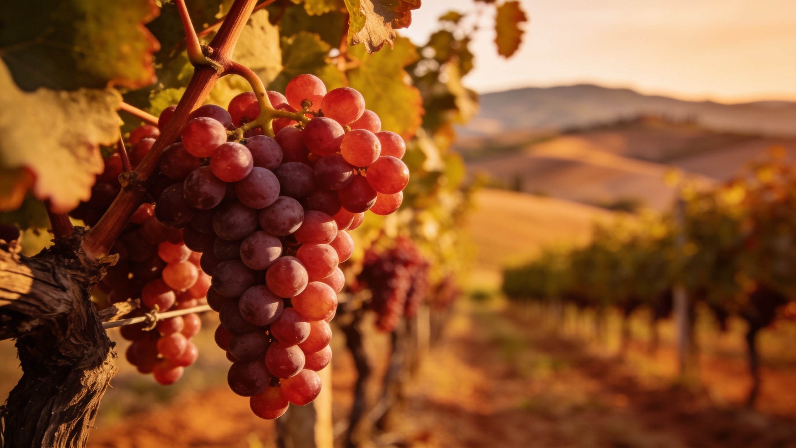 Racimos de uva Sangiovese en una vid toscana, colinas de Scansano al fondo
