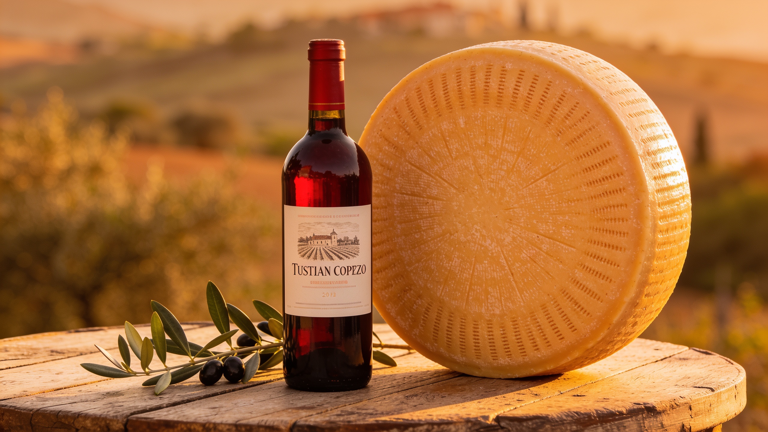 Rad eines toskanischen Pecorino und Flasche Rotwein auf rustikalem Holztisch, Olive nzweig