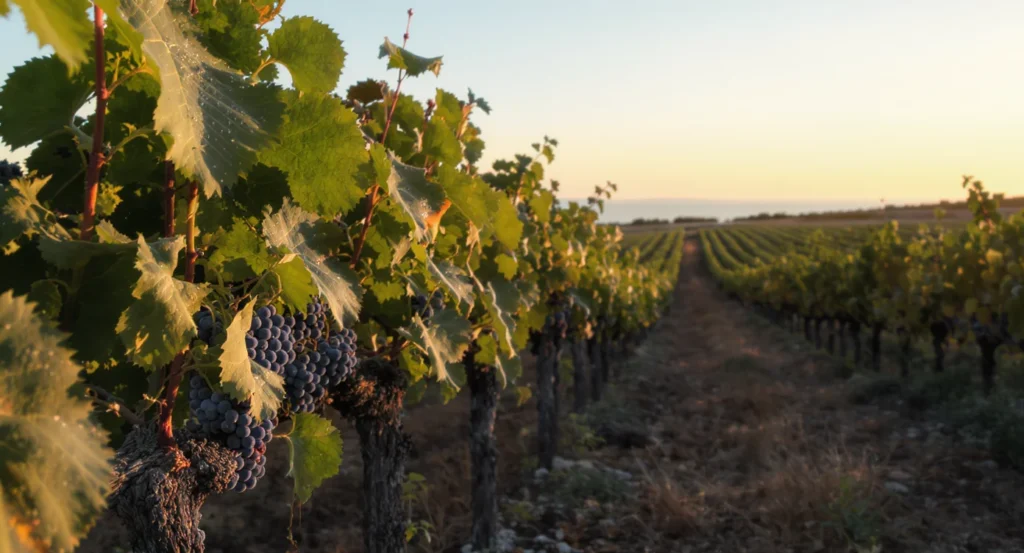 Hileras de Sangiovese matinales en Scansano, rocío y brisa marina visibles