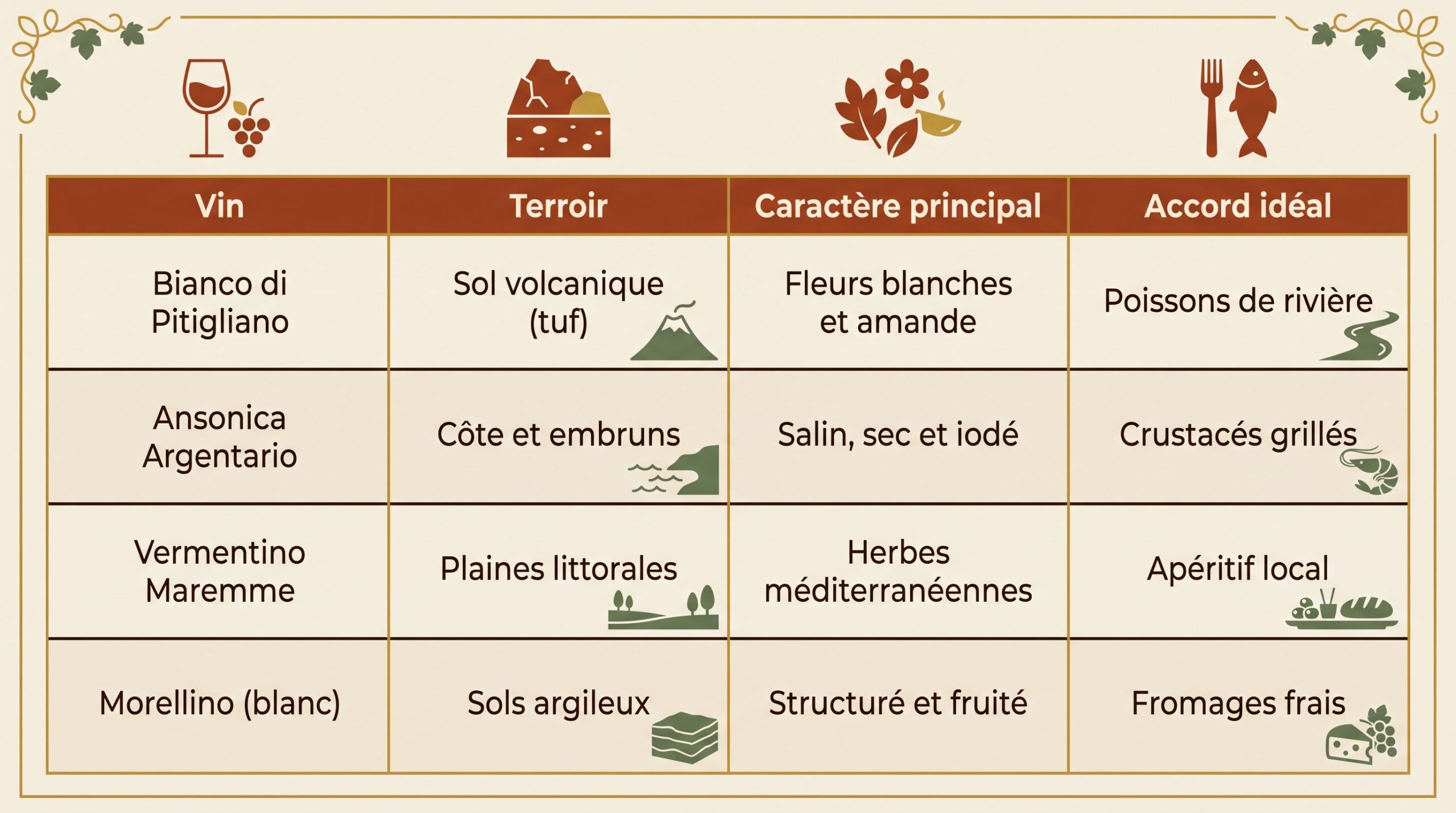 Infografía tabla comparativa de los vinos de la Maremma: Bianco di Pitigliano, Ansonica, Vermentino, Morellino, con su terruño, carácter y maridajes.