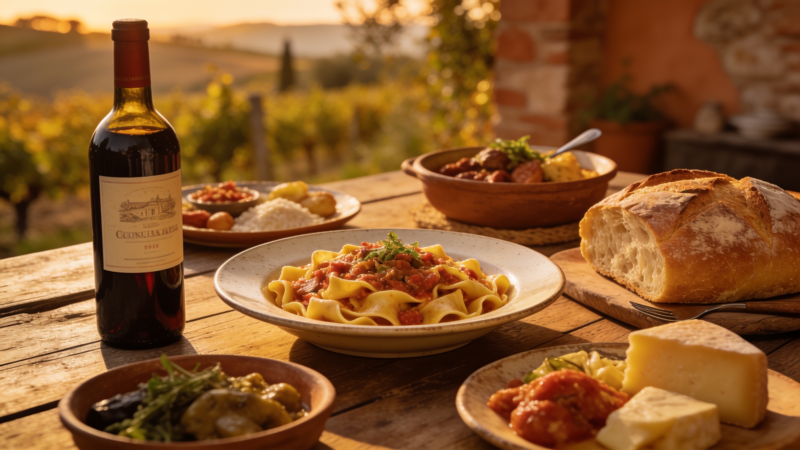 Comida toscana rústica sobre mesa de madera, plato de pasta casera, vino y pan, luz del día