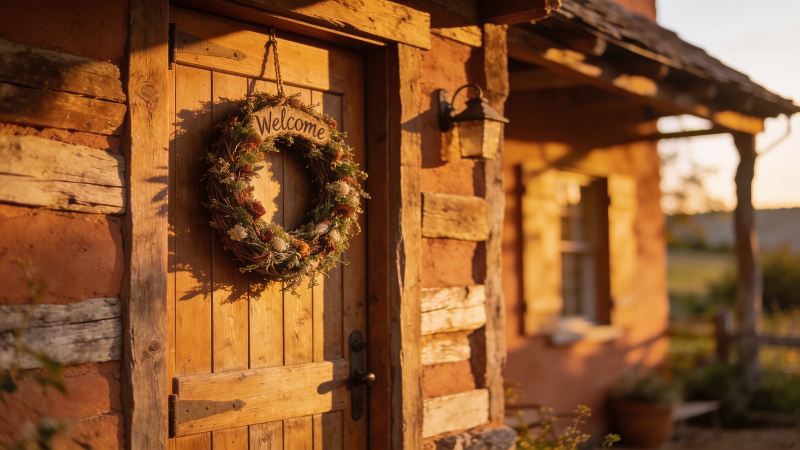 Porta in legno rustico di una casa per ospiti di campagna con corona di benvenuto, luce calda del pomeriggio