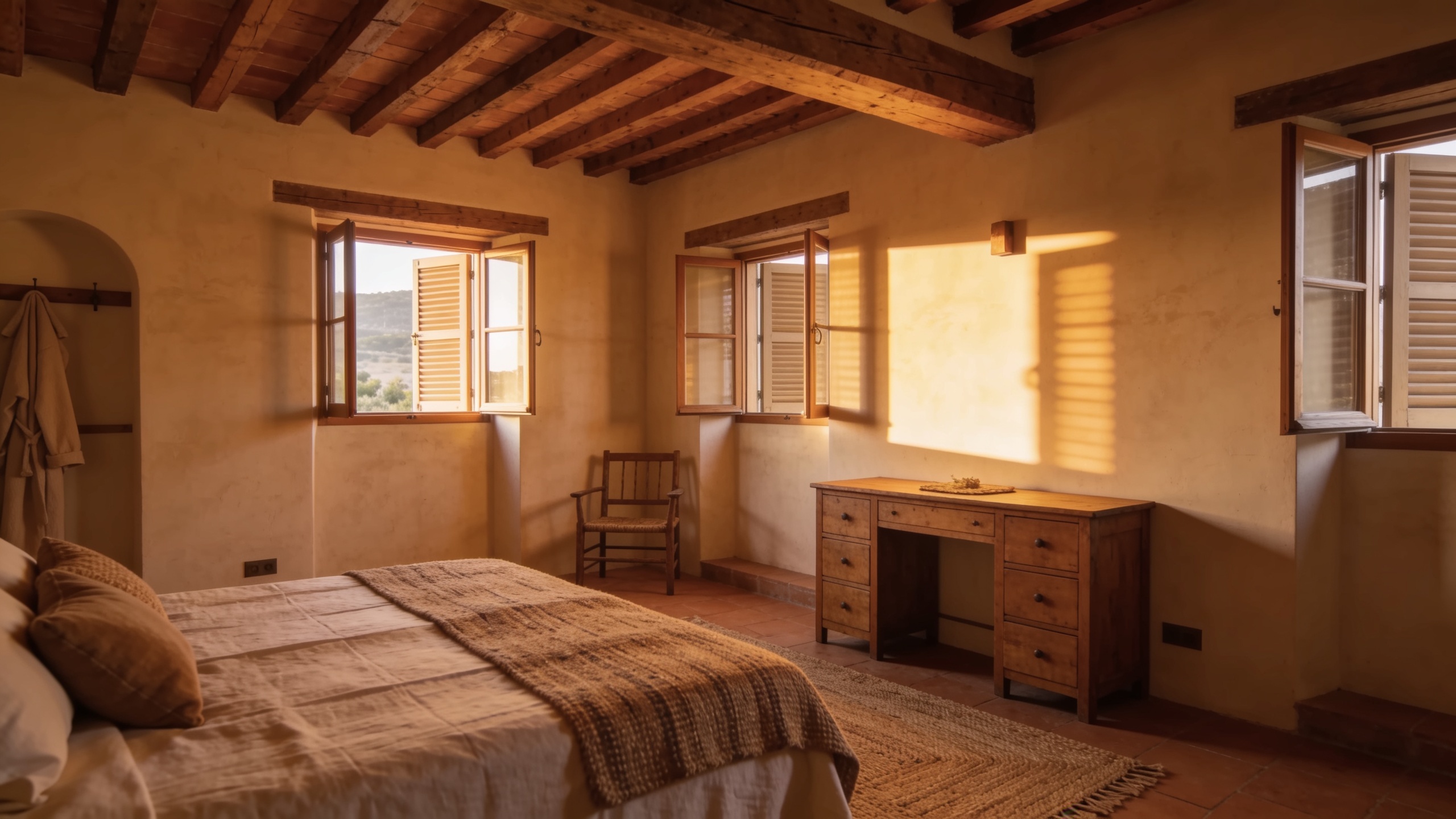 Chambre de campagne aux poutres apparentes et murs à la chaux, douce lumière matinale à travers les volets