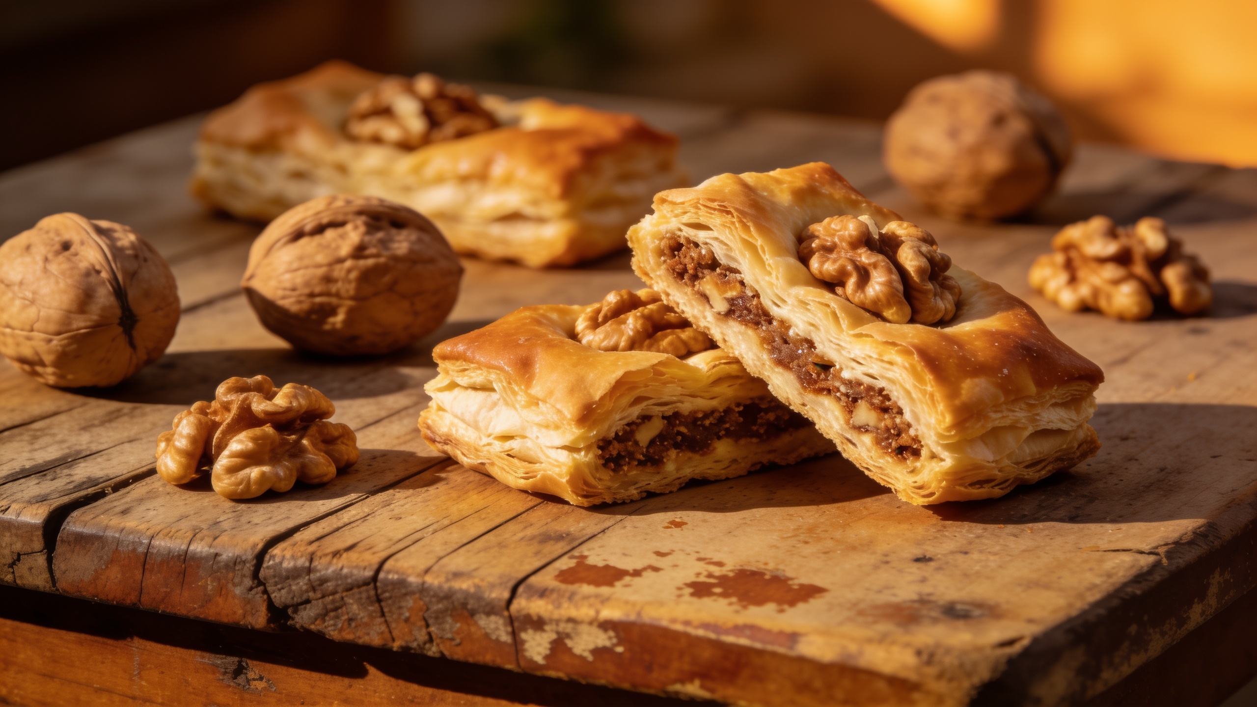 Sfratto dei Goym dolce toscano tradizionale e noci su tavolo di legno rustico, calda luce di panetteria
