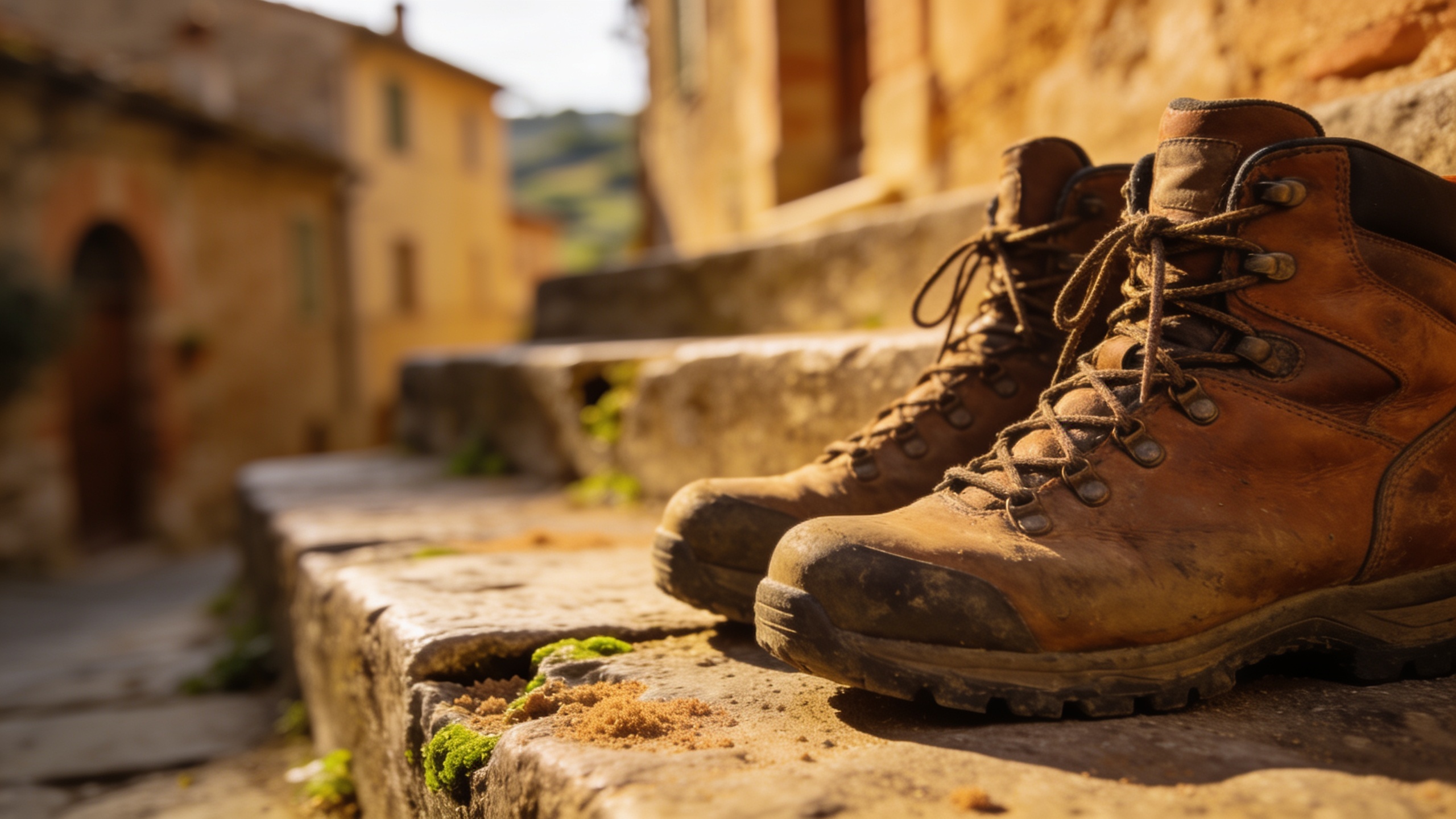 Botas de senderismo sobre escalones de piedra antigua, luz dorada — consejos prácticos para visitar un pueblo toscano en lo alto de una colina