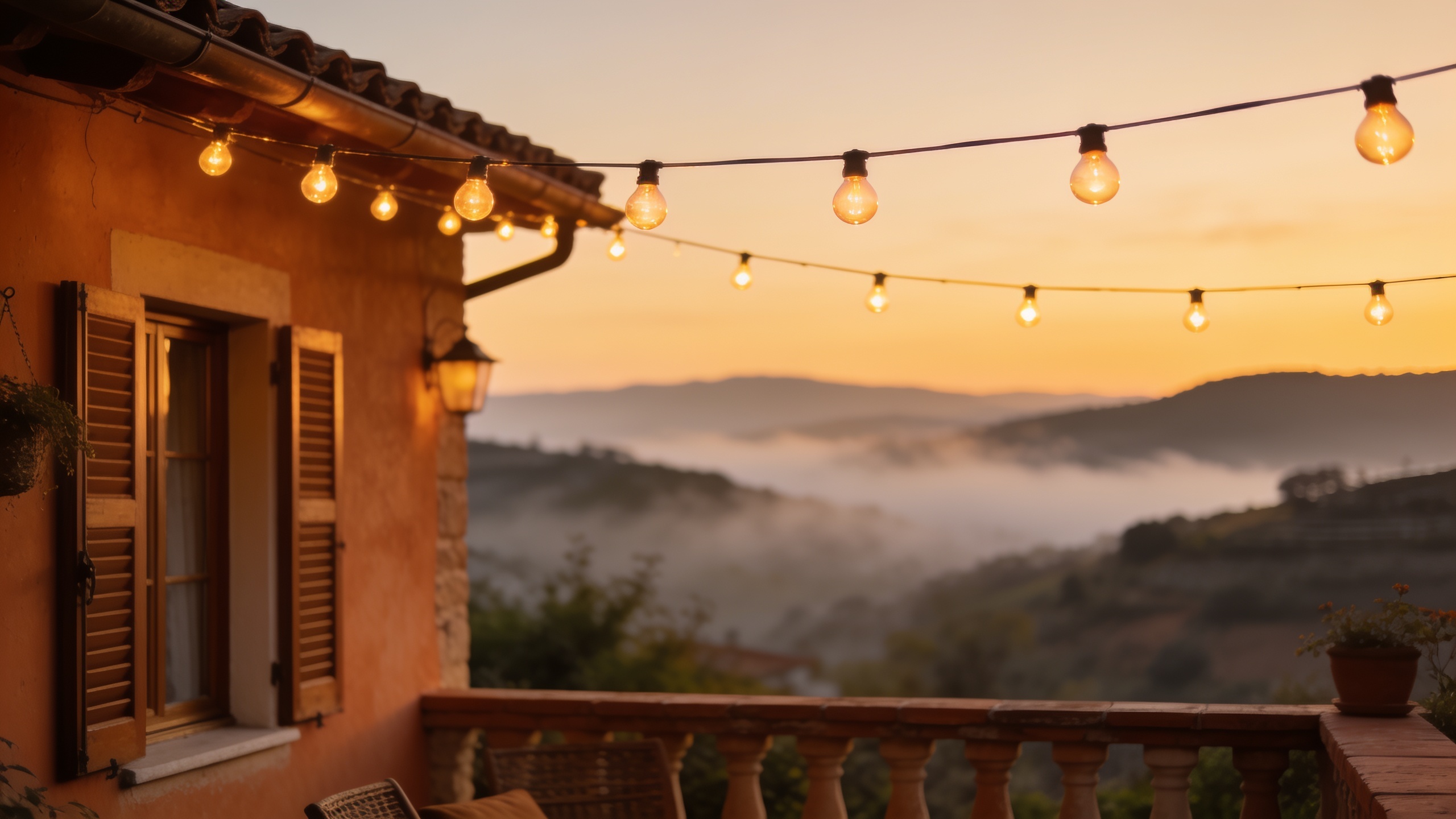 Terraza de casa de huéspedes de campo al atardecer con guirnalda luminosa, vista sobre las colinas en la bruma