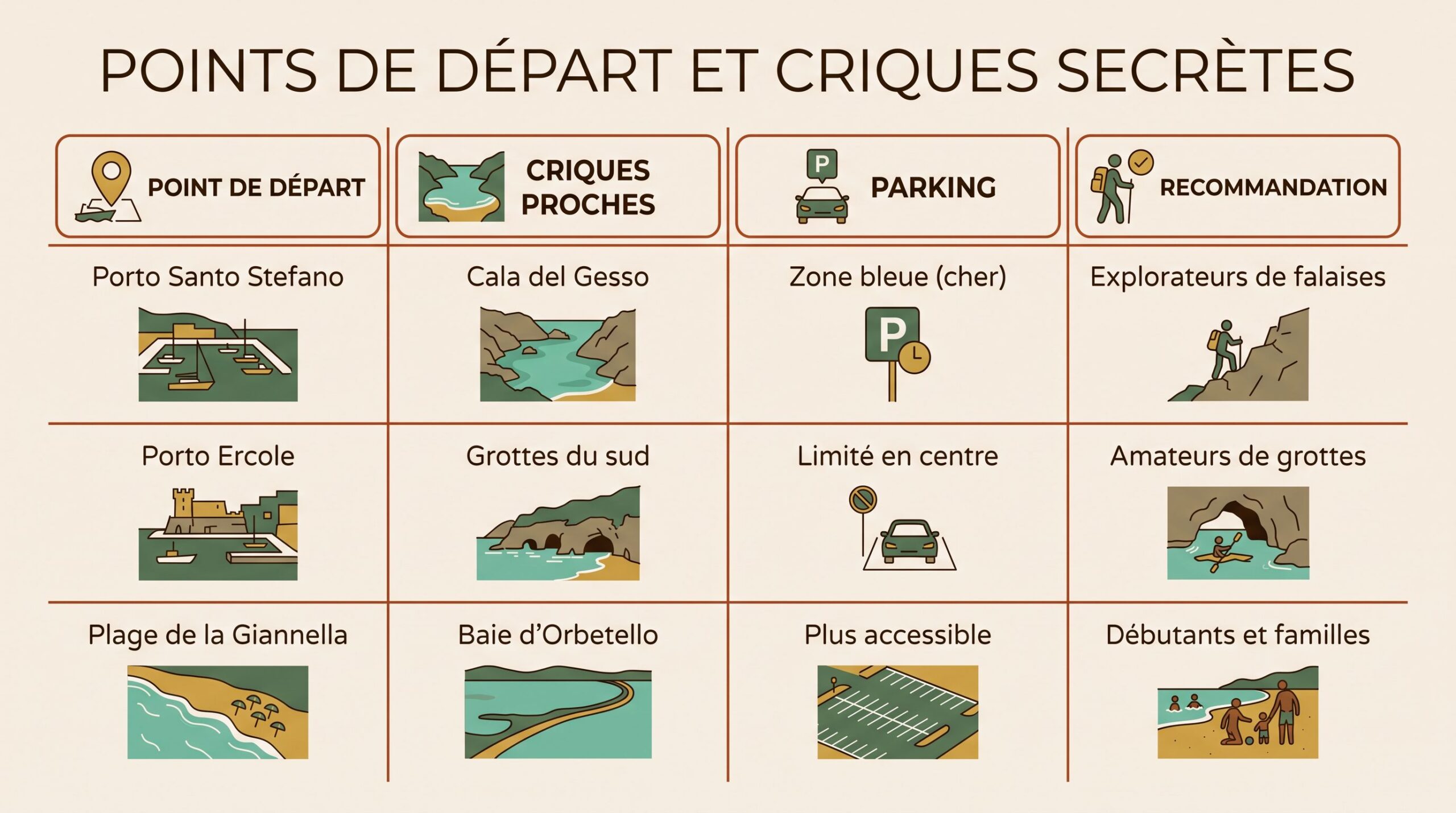 Infografía comparativa de los puntos de partida para kayak en el Argentario: Porto Santo Stefano, Porto Ercole, Playa de la Giannella, con sus calas, aparcamientos y recomendaciones.