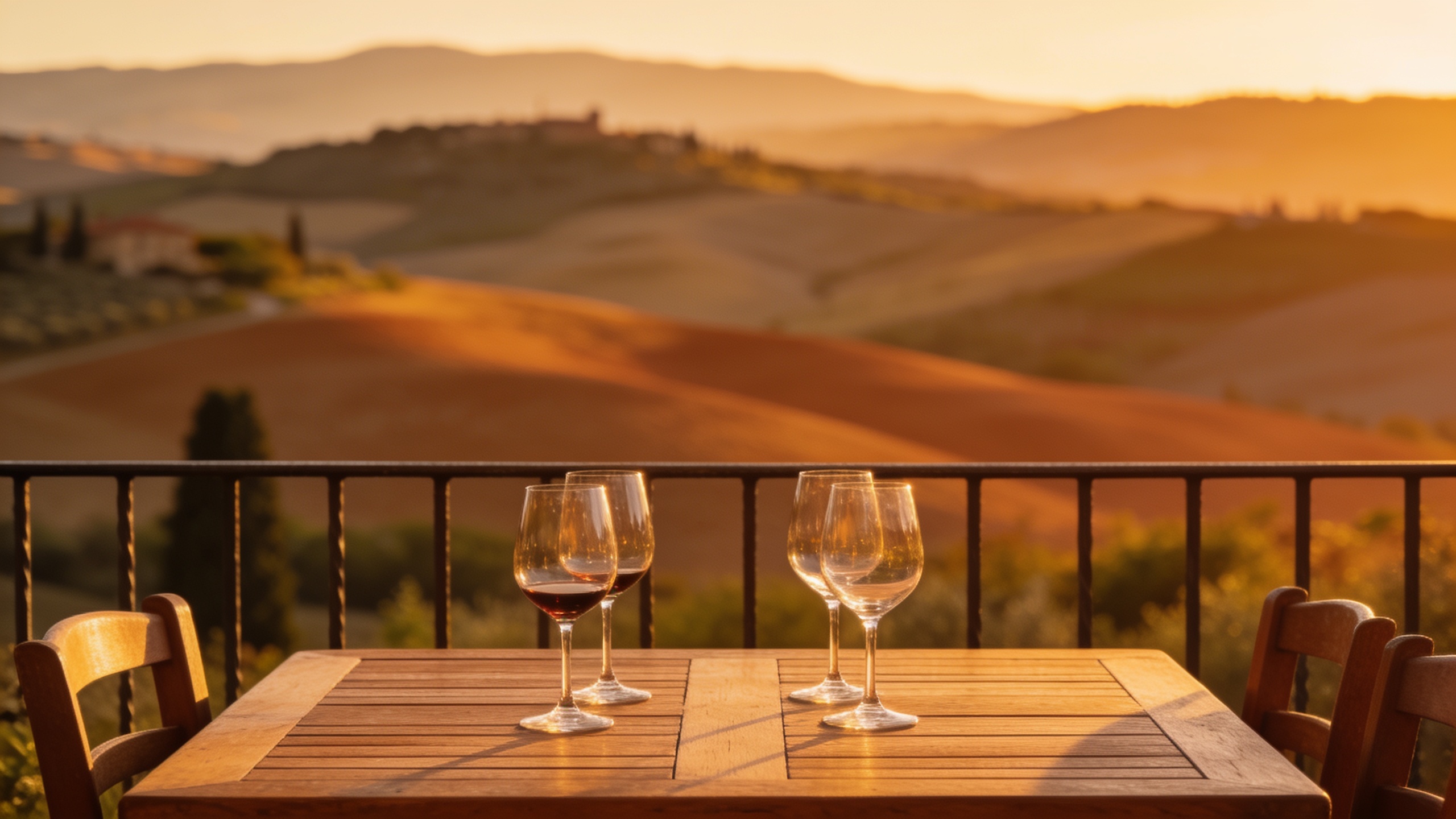 Toskanischer Agriturismo-Terrasse bei Sonnenuntergang, gedeckter Holztisch mit Weingläsern, Blick auf die Hügel