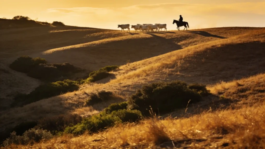 Paisaje ondulado de la Maremma toscana al atardecer, con un buttero a caballo guardando ganado.