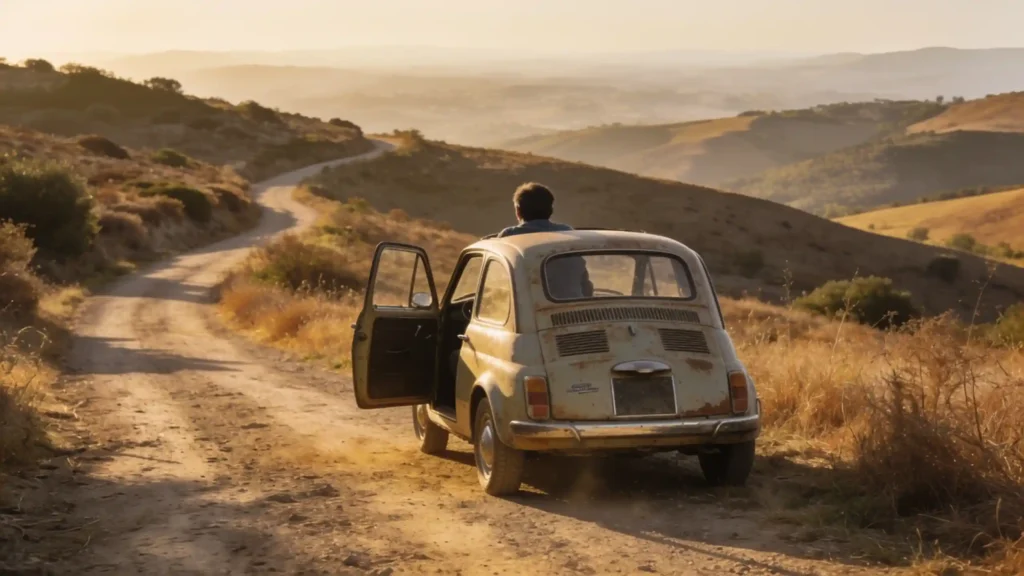 Een vintage Fiat 500 geparkeerd op een kronkelende zandweg in de Maremma, bij zonsondergang, wat vrijheid oproept.