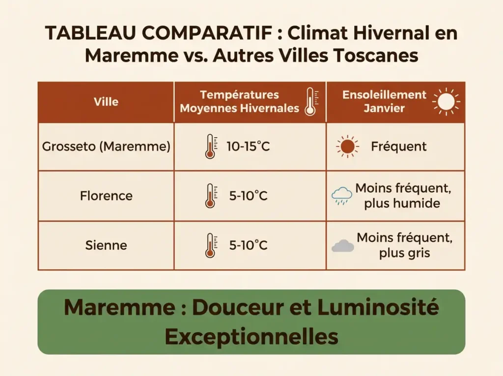 Infografía comparativa del clima invernal en la Maremma (Grosseto) frente a Florencia y Siena, mostrando temperaturas y horas de sol.