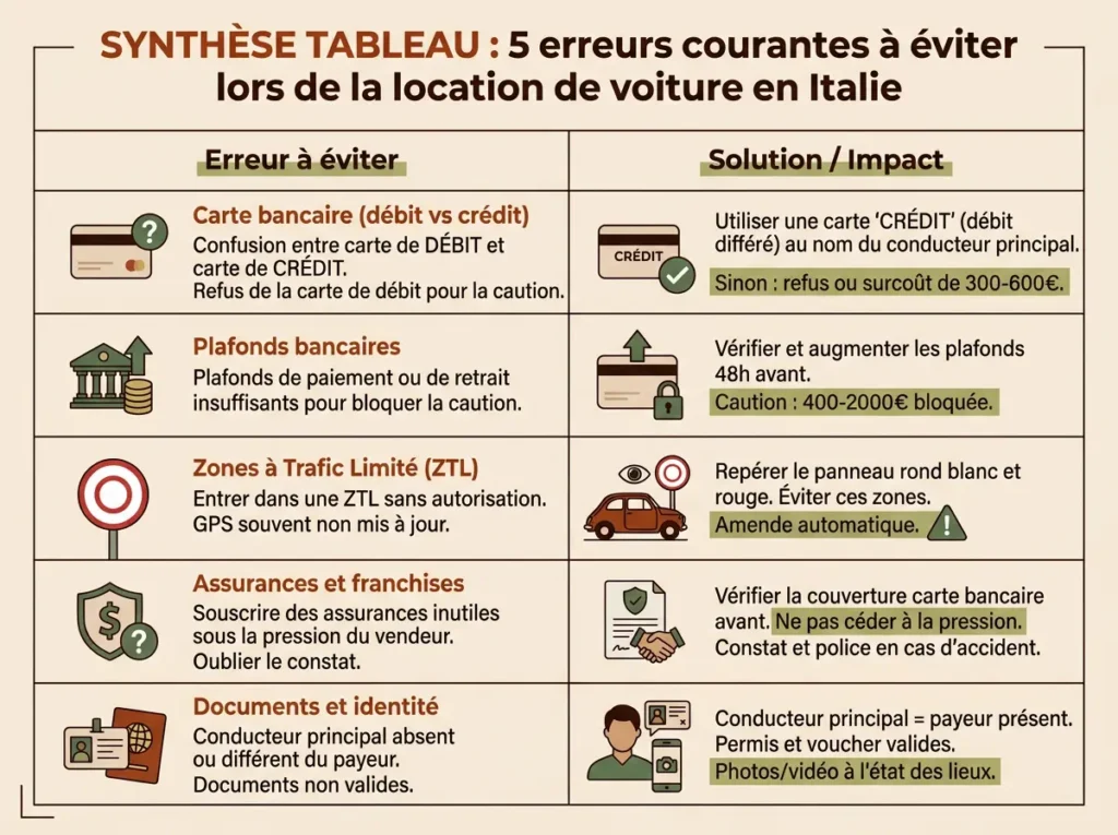 Infografik mit den 5 Fehlern, die man bei der Mietwagenbuchung in Italien vermeiden sollte: Kreditkarte, Limits, ZTL, Versicherungen und Dokumente.