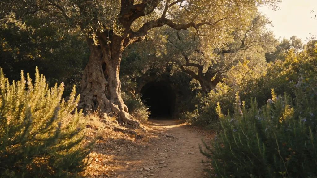 Een smal zandpad dat zich slingert door dichte mediterrane vegetatie onder gefilterd zonlicht, wat exploratie oproept.