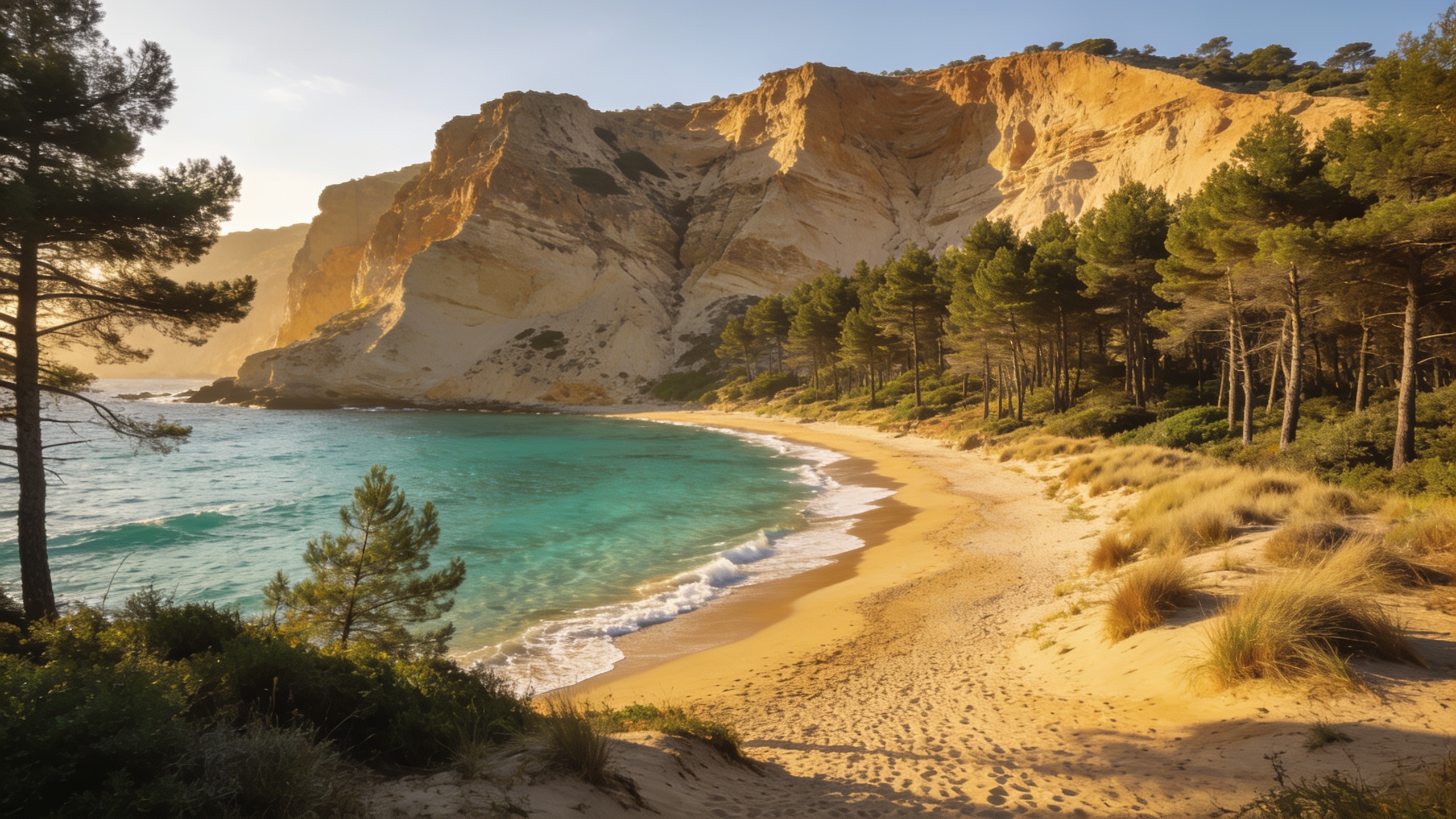 Calita salvaje de Cala di Forno en el parque regional de la Maremma, arena dorada, mar turquesa y acantilado de arenisca rodeado de pinos