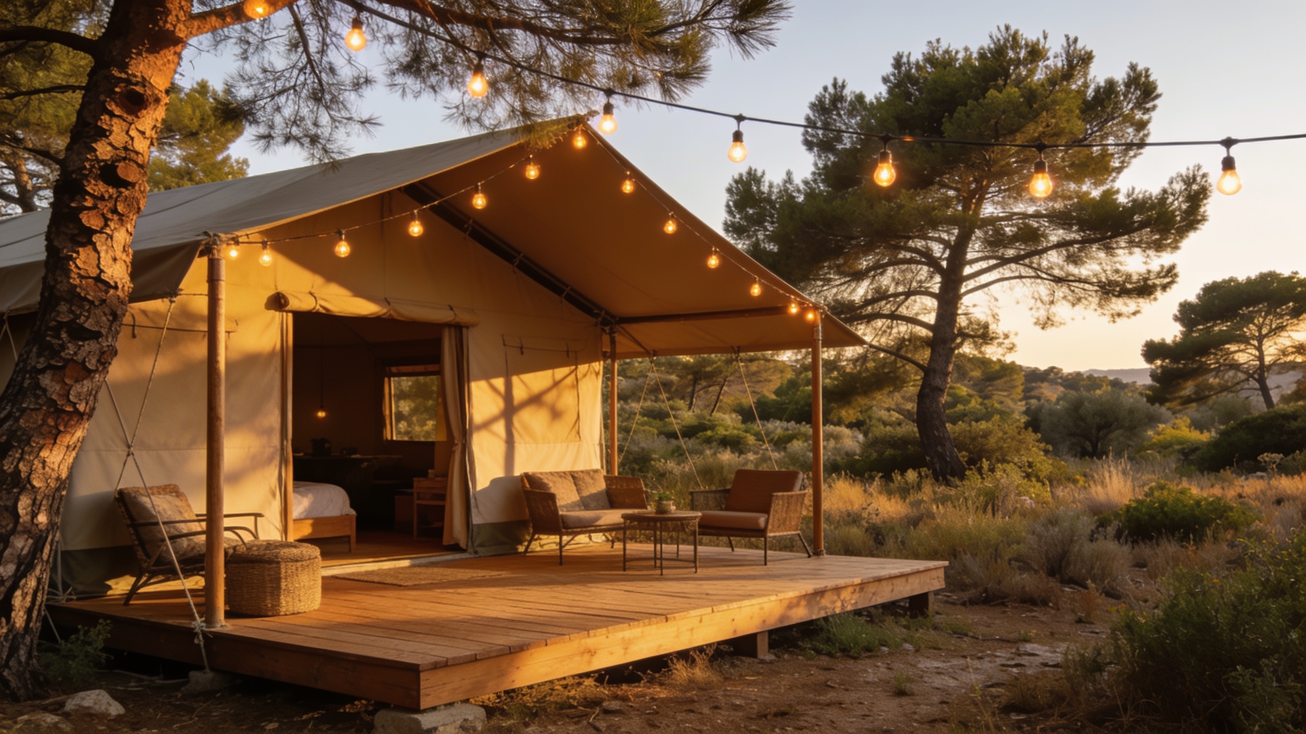 Glamping lodge tent nestled in the Mediterranean scrubland at sunset