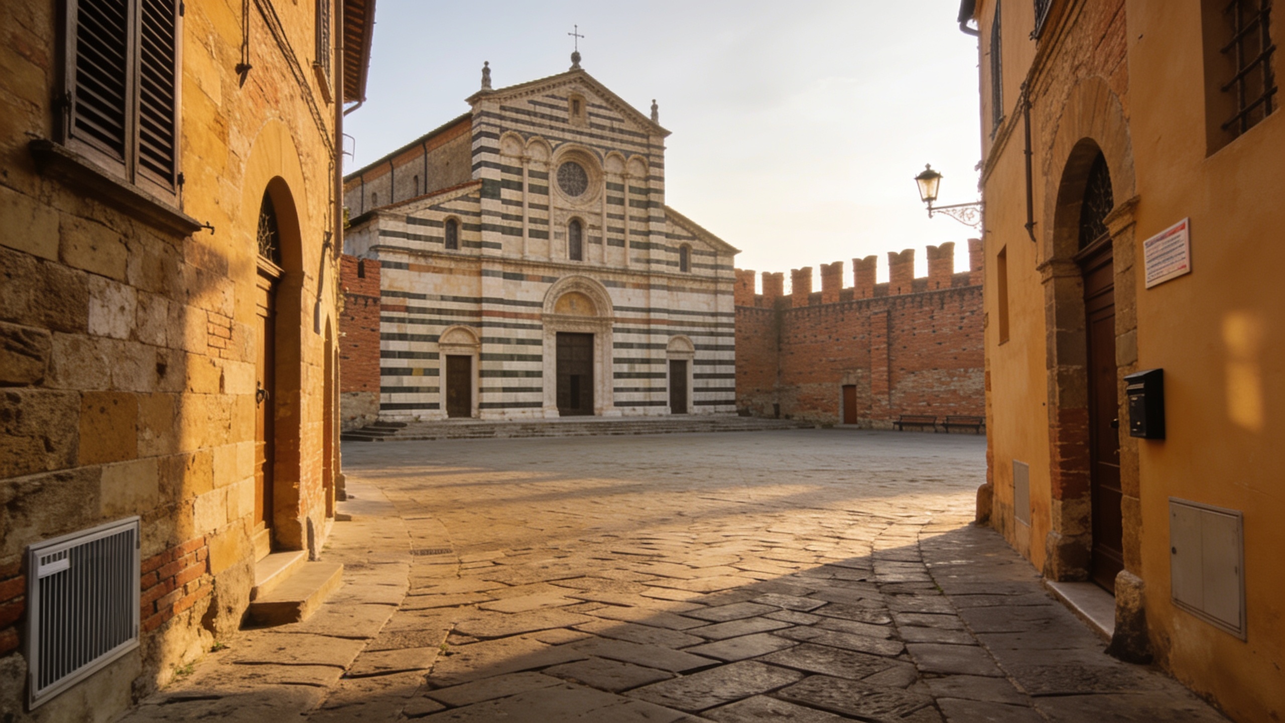 Medieval ramparts and the two-tone cathedral of Grosseto in the early morning