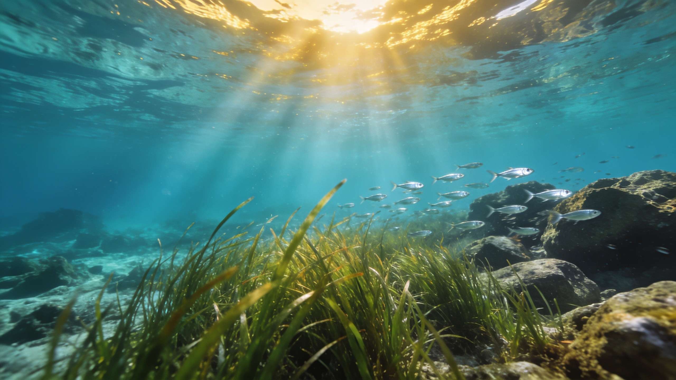 Escena submarina frente a la costa del Monte Argentario con agua turquesa cristalina, rayos de sol, praderas de posidonia y banco de pececitos