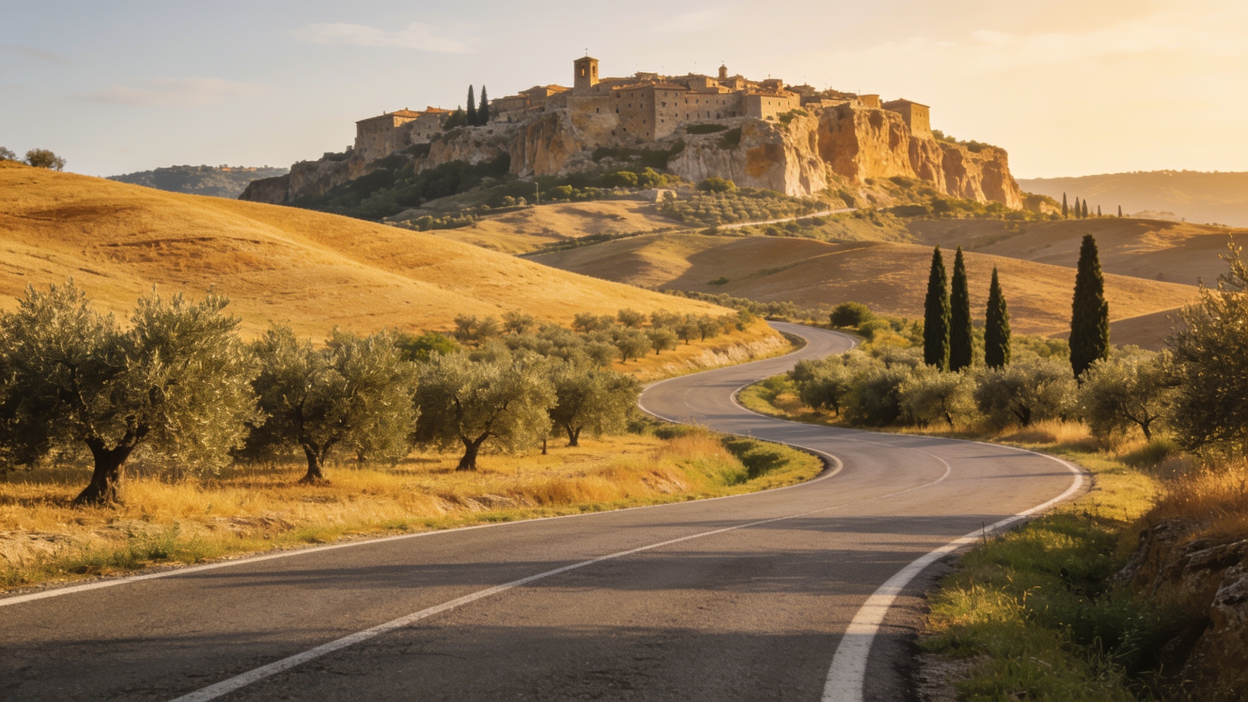 10. Estrada de campo sinuosa entre Manciano e Pitigliano com oliveiras e ciprestes, aldeia no alto em tufo visível ao longe