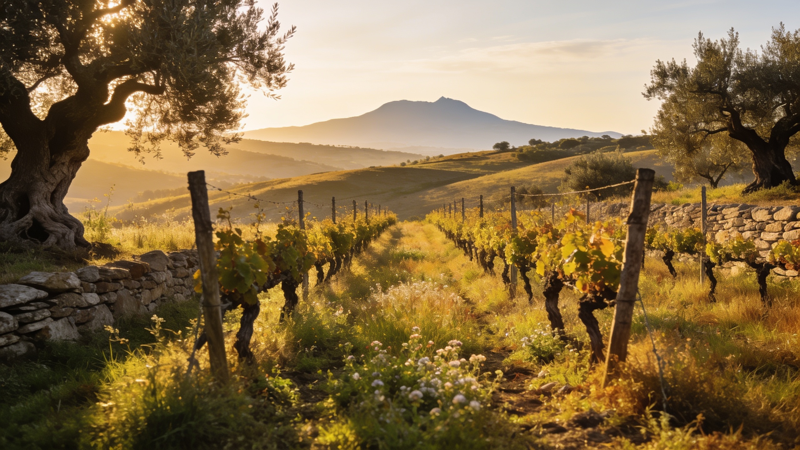 Organic biodynamic vineyard near Manciano in Maremma, old vines and olive trees, view of Monte Amiata at dawn