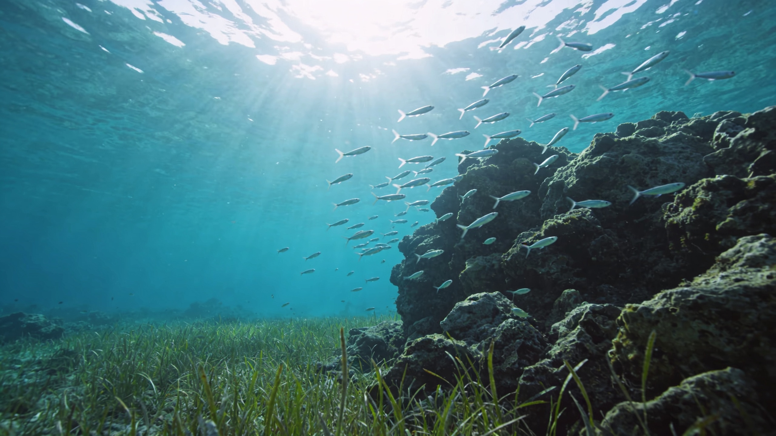 Vista submarina en snorkeling con bancos de peces en las aguas cristalinas del Argentario