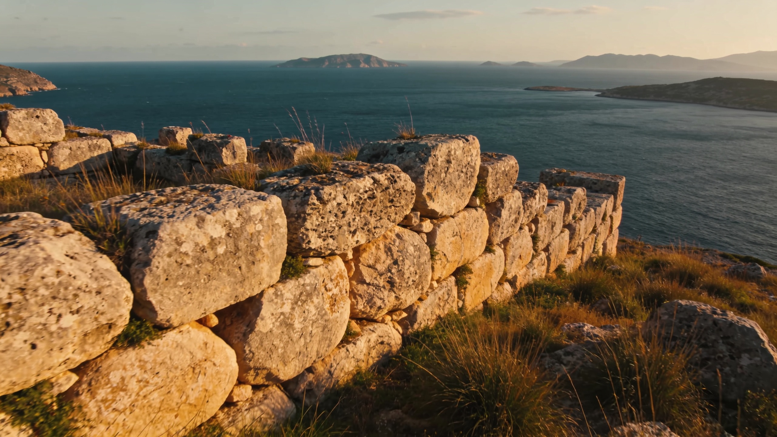 Muralhas ciclópeas romanas das ruínas de Cosa com vista sobre o arquipélago toscano