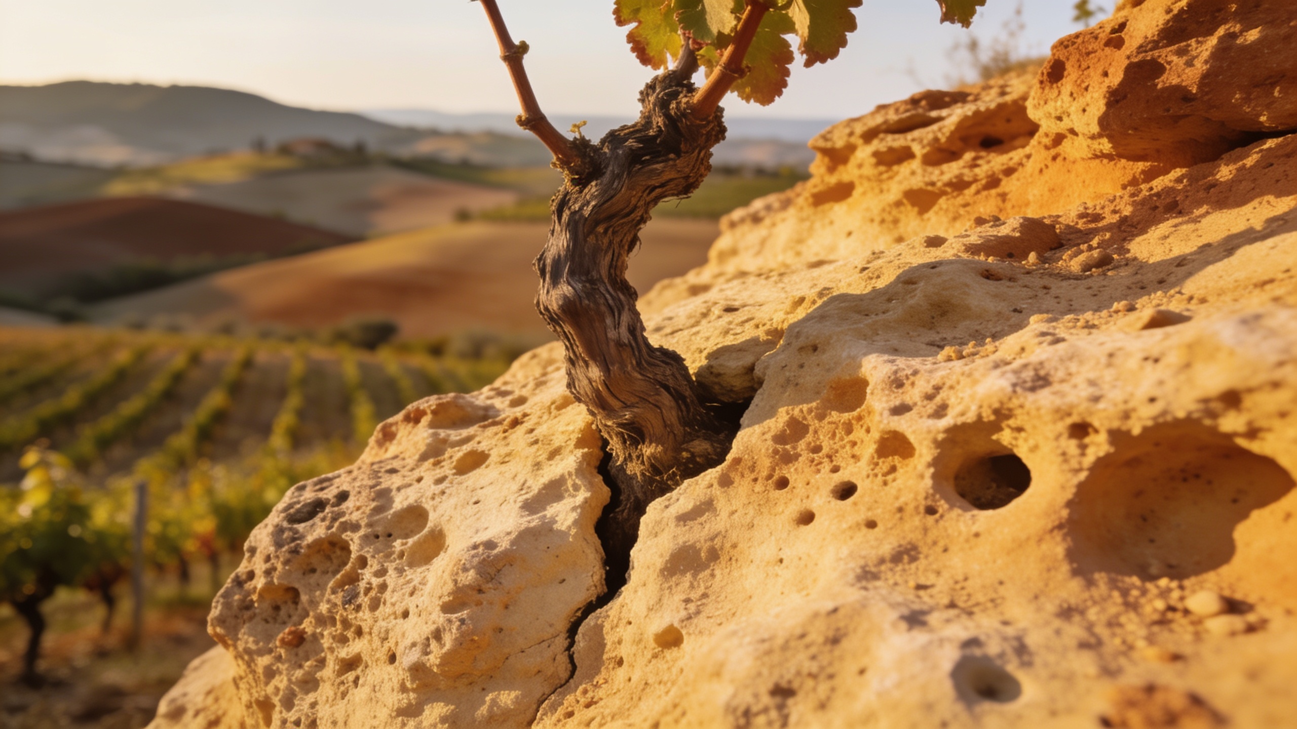 Roca de toba volcánica porosa con una vieja cepa de vid enraizada en una grieta, viñedo al fondo cerca de Sorano en la Maremma