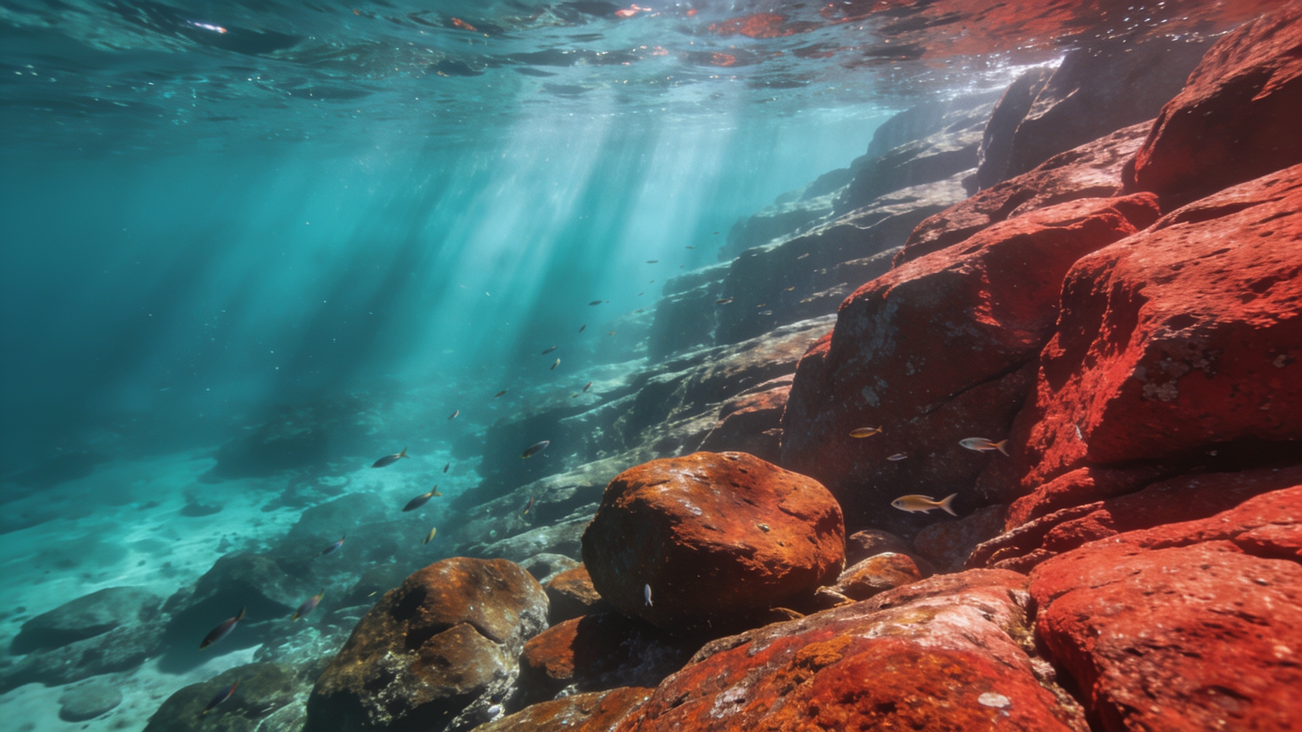 Rote Granitfelsformationen unter Wasser nahe dem Strand von Campese auf der Isola del Giglio, Sonnenstrahlen und kleine Fische