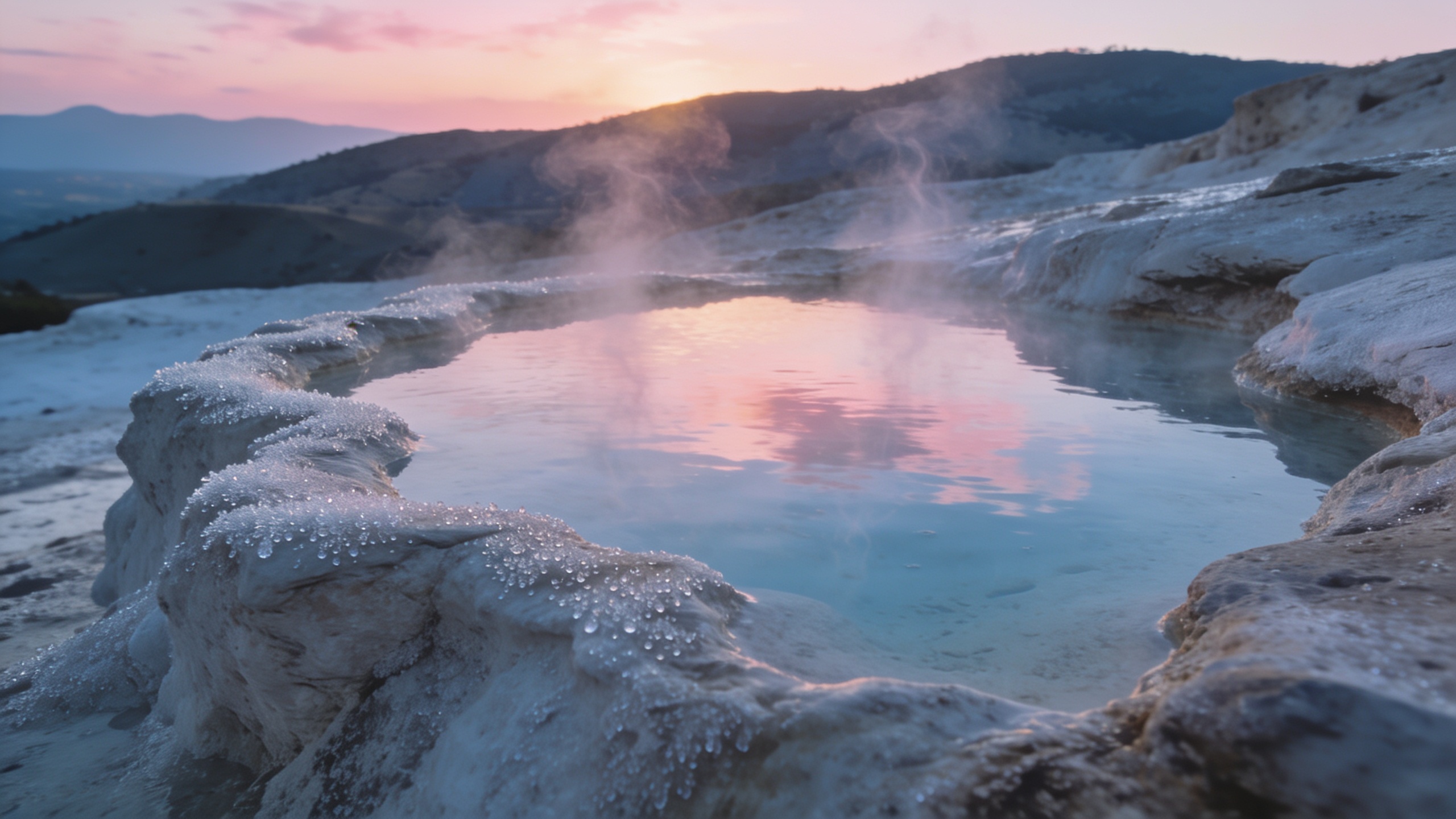 Steam rising at dawn from limestone thermal pools in Maremma, no one around