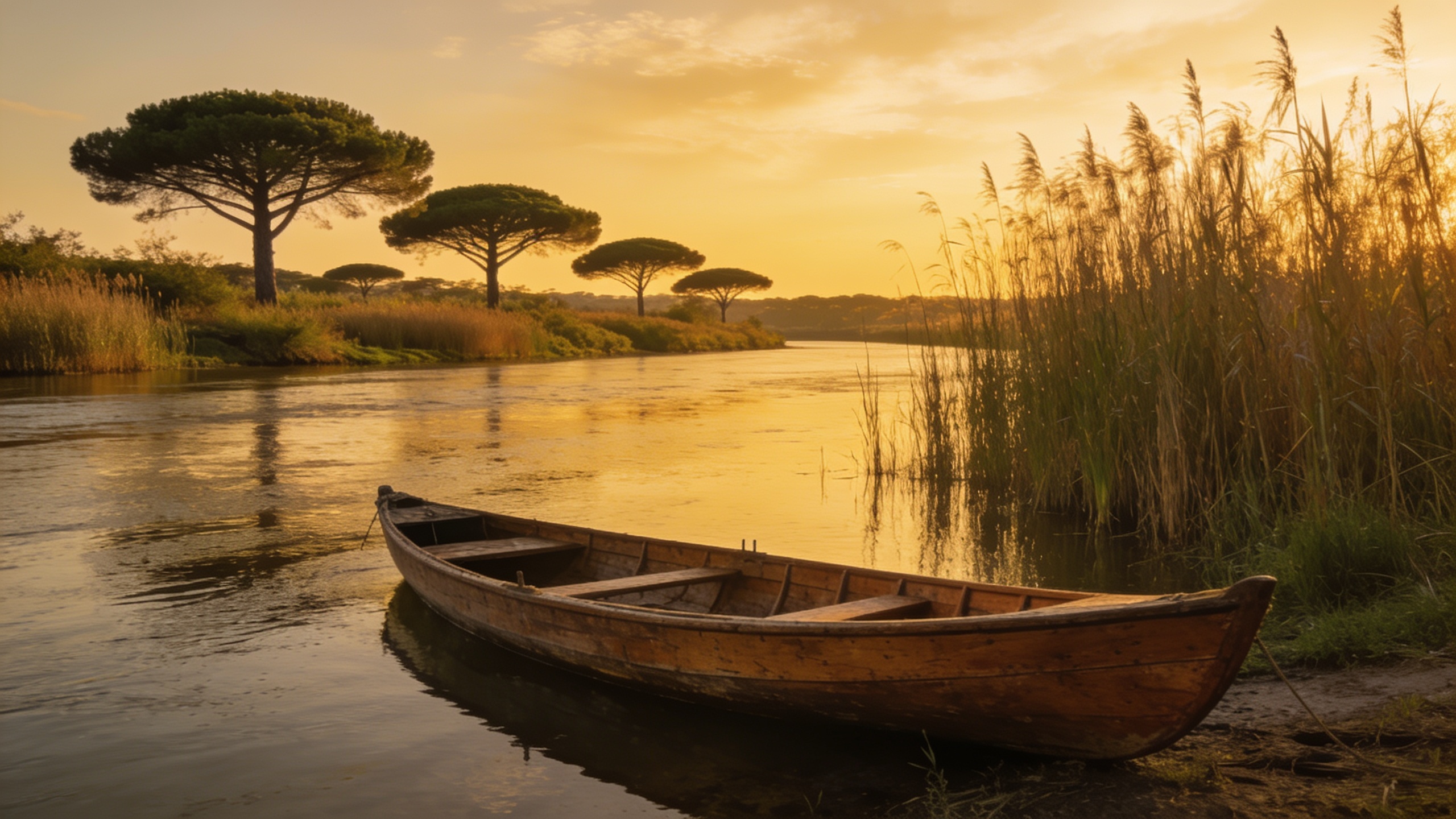 Wooden canoe on the banks of the Ombrone river lined with umbrella pines