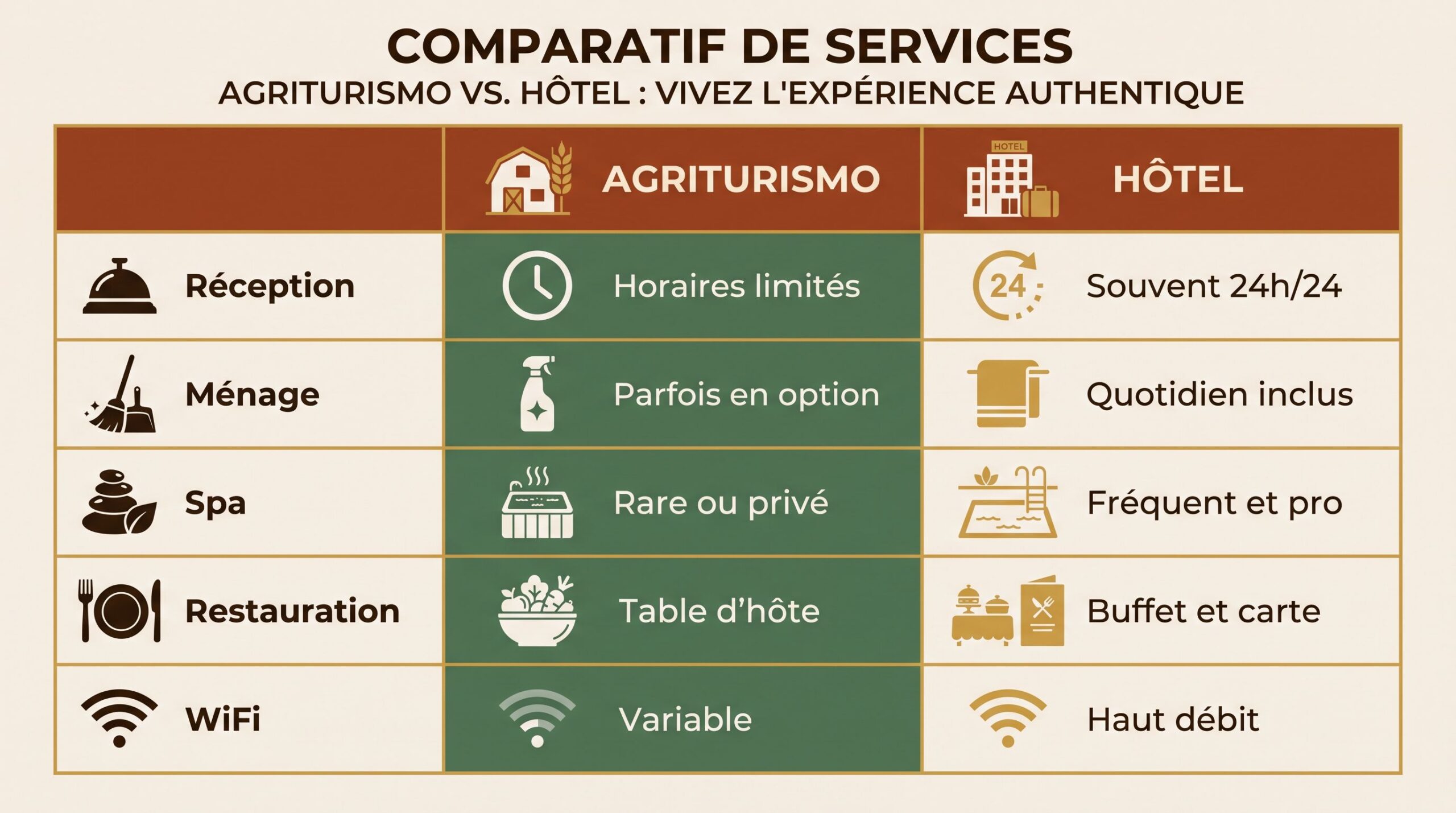 Infografica comparativa dei servizi offerti da un agriturismo e un hotel in Maremma: reception, pulizie, spa, ristorazione, WiFi.