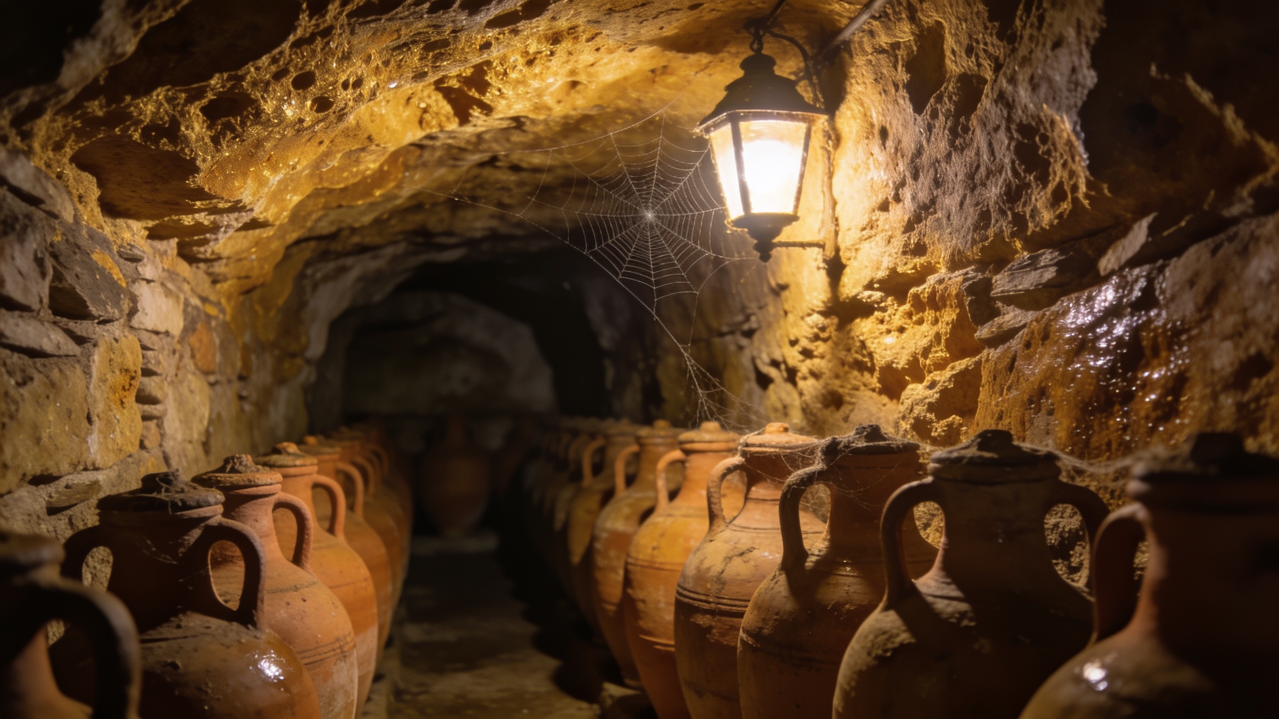 Antigua cueva subterránea excavada en la roca de toba en Sorano, filas de tinajas de terracota para la crianza del vino, iluminación con linterna
