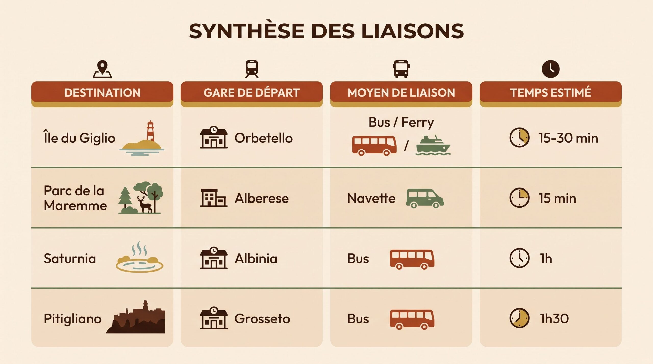 Infografische vergelijkingstabel van de transportverbindingen in de Maremma : Eiland Giglio, Park van de Maremma, Saturnia, Pitigliano met stations, middelen en tijden.