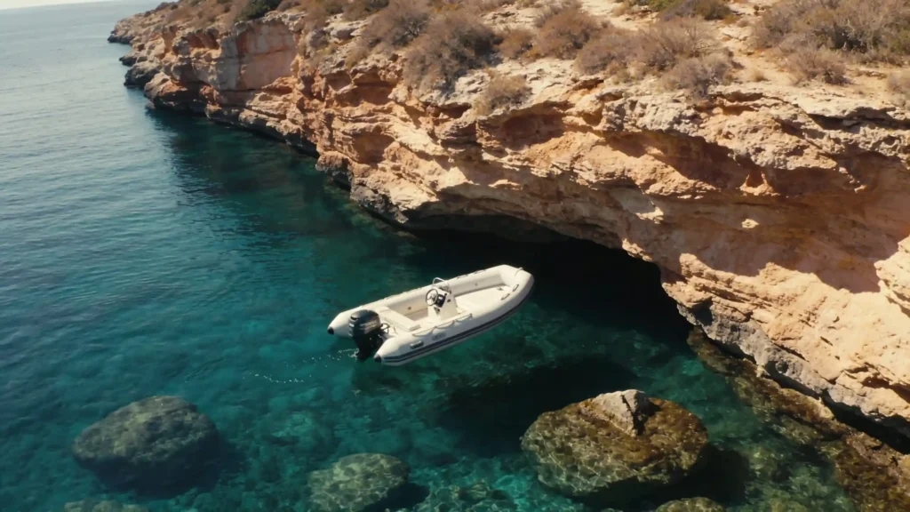 Un petit bateau pneumatique blanc naviguant près d'une falaise rocheuse ensoleillée, eaux turquoise, ambiance sereine.