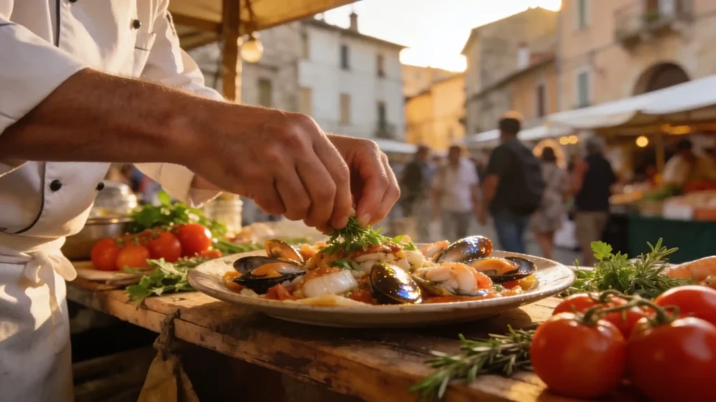 Manos de un chef preparando un plato local en un puesto de mercado animado, con ingredientes frescos y una luz dorada.
