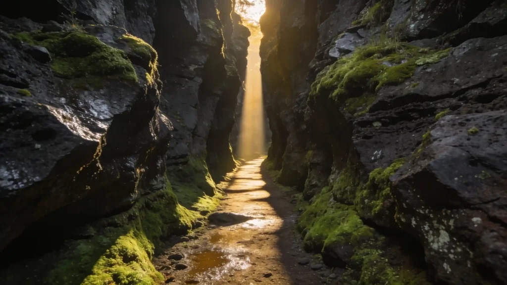 Um caminho estreito e profundo escavado na rocha vulcânica, húmido e coberto de musgo, com uma luz filtrando de cima.