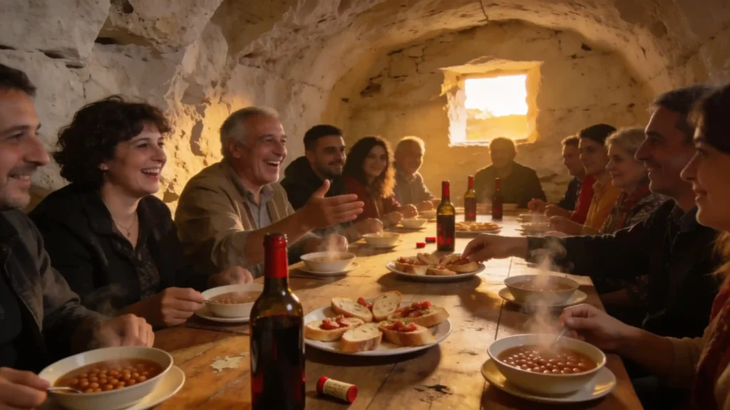 Inwoners van de Toscaanse Maremma delen een gezellige maaltijd in een tufsteen-kelder, met wijn en lokale gerechten.