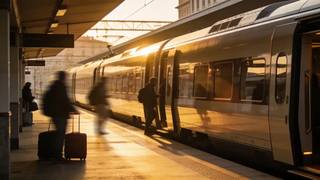 Un train moderne à quai, baigné par la lumière dorée du soleil couchant, avec des voyageurs flous et des bagages.