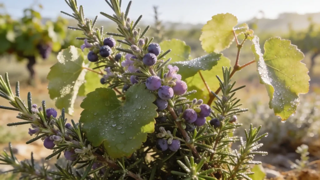 Nahaufnahme von Zweigen wilden Rosmarins und Myrte, verflochten mit Weinblättern, im Morgenlicht.