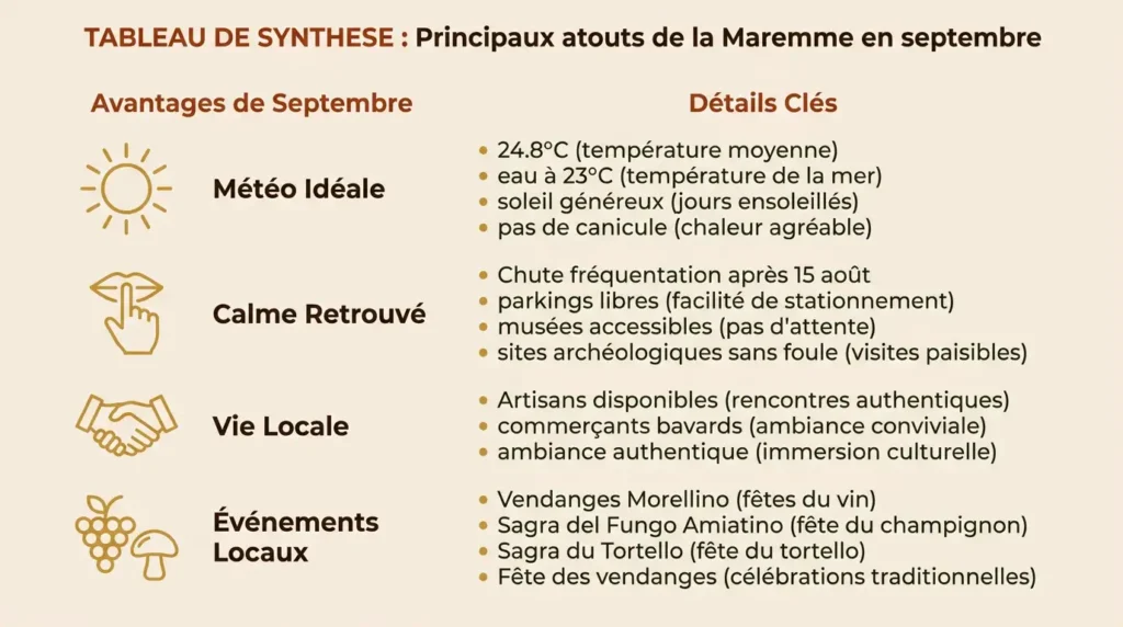 Infographic die de voordelen samenvat van een bezoek aan de Maremma in september: mild klimaat, weinig toeristen, lokale sfeer en evenementen.