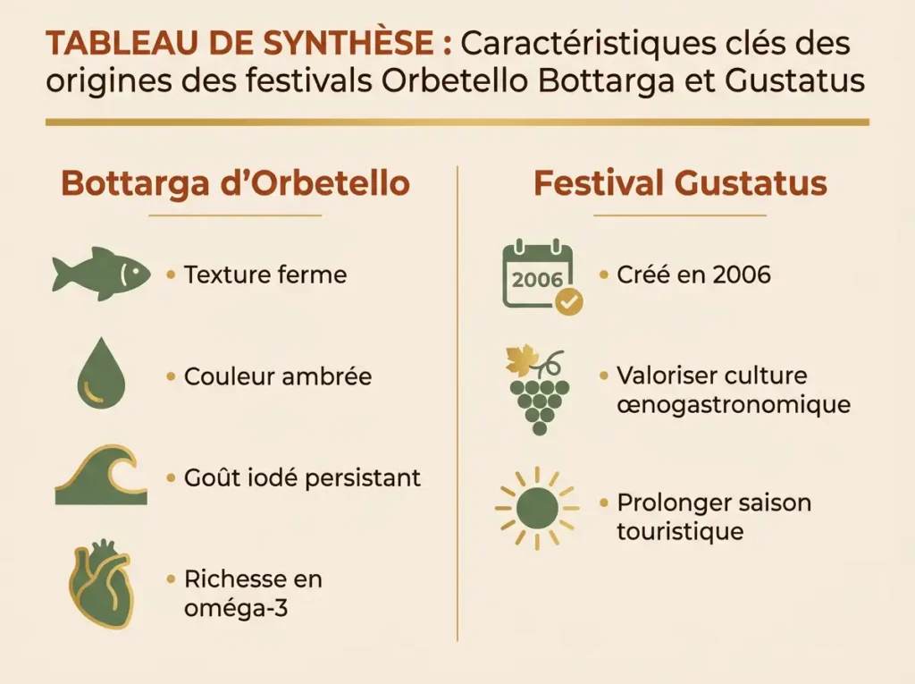 Infografía que presenta las características de la bottarga de Orbetello (textura, color, sabor, omega-3) y los orígenes del festival Gustatus (fecha, objetivos).