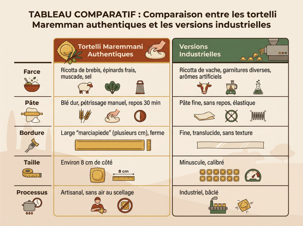 Vergleichende Infografik der authentischen Tortelli Maremmani (Schafsricotta, Hartweizenteig, Marciapiede) und der industriellen (Kuhmilchricotta, dünner Teig, ohne Rand).