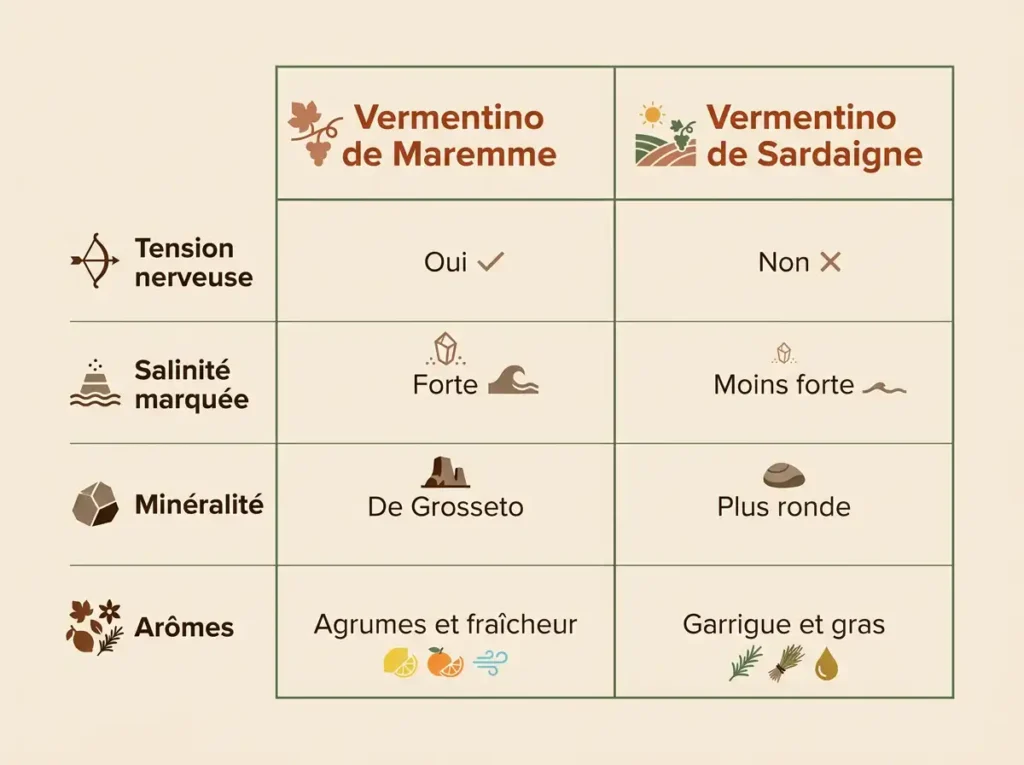 Infografik zum Vergleich der Eigenschaften des Vermentino aus der Maremma (Spannung, Salinität, Mineralität) und aus Sardinien (rund, Garrigue)