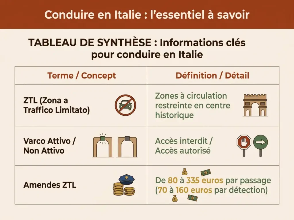 Infografia que sintetiza os termos-chave para conduzir em Itália: ZTL, Varco Attivo/Non Attivo, e os montantes das multas associadas.